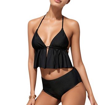 Women's Halter Bikini Set with Ruffle Tank Style Top and High Waist Bottoms