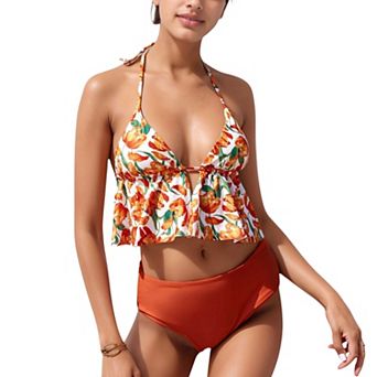 Women's Halter Bikini Set with Ruffle Tank Style Top and High Waist Bottoms