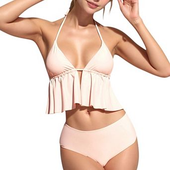 Women's Halter Bikini Set with Ruffle Tank Style Top and High Waist Bottoms
