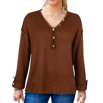 Women's Contrast Button Detail Long Sleeve Knit Sweater