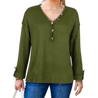 Women's Contrast Button Detail Long Sleeve Knit Sweater