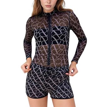 Women's Long Sleeve One-Piece Swimsuit with Front Zipper Closure and Sheer Mesh Geometric Print