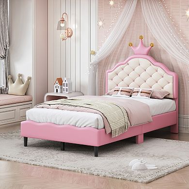 Merax Lovely Crown Fantasy PU Leather Princess Bed with Tufted Headboard