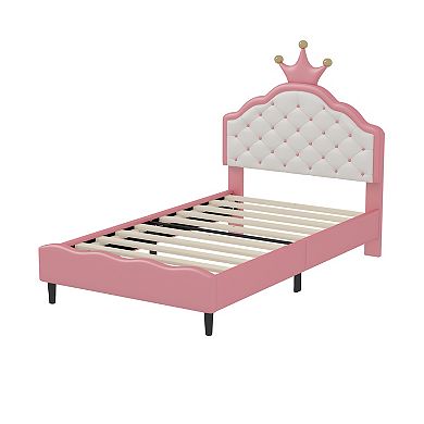 Merax Lovely Crown Fantasy PU Leather Princess Bed with Tufted Headboard