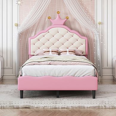 Merax Lovely Crown Fantasy PU Leather Princess Bed with Tufted Headboard