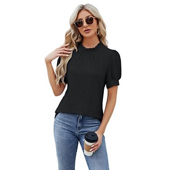 Women's Short Sleeve T Shirt Casual Eyelet Pleated Tops Summer Lace Collar Blouse