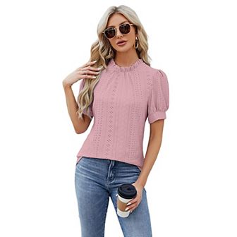 Women's Short Sleeve T Shirt Casual Eyelet Pleated Tops Summer Lace Collar Blouse