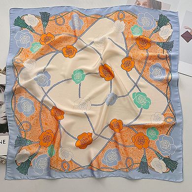 Women's Silky Square Scarf with Floral and Rope Print for Neck Hair or Bag Accessory