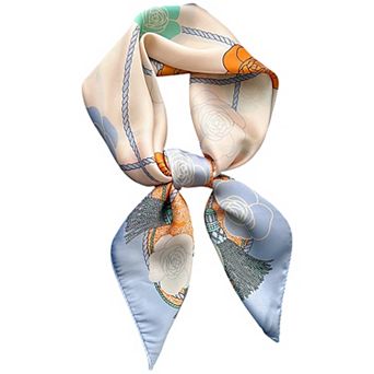 Women's Silky Square Scarf with Floral and Rope Print for Neck Hair or Bag Accessory