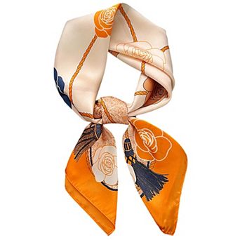 Women's Silky Square Scarf with Floral and Rope Print for Neck Hair or Bag Accessory