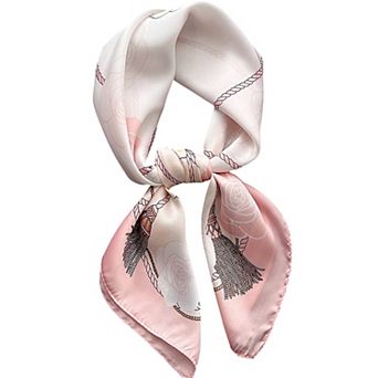 Women's Silky Square Scarf with Floral and Rope Print for Neck Hair or Bag Accessory