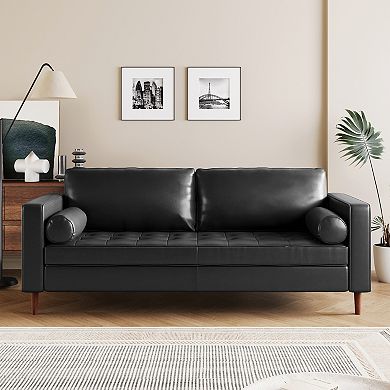 Merax Mirod Mid-Century Modern PU Leather 3-Seat Sofa, Tufted Design