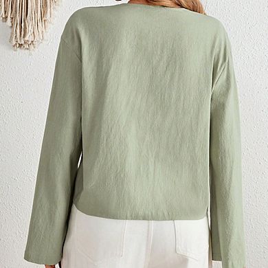 Women Shirt Long Sleeve Casual V-Neck Solid Color Loose Fit Top With Drawstring