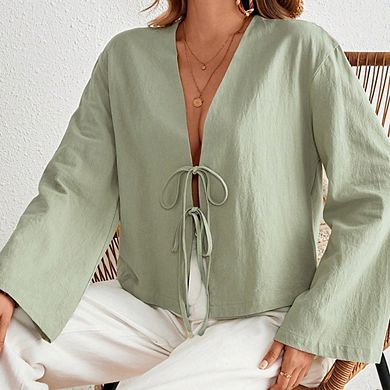 Women Shirt Long Sleeve Casual V-Neck Solid Color Loose Fit Top With Drawstring