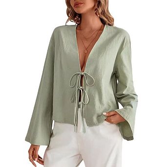 Women Shirt Long Sleeve Casual V-Neck Solid Color Loose Fit Top With Drawstring