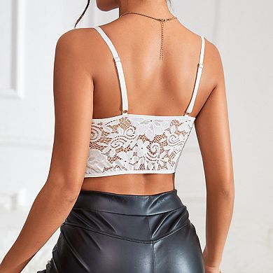 Women Corset Deep V Lace Camisole Crop Top Solid Color Sleeveless Bralette