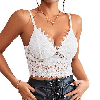 Women Corset Deep V Lace Camisole Crop Top Solid Color Sleeveless Bralette