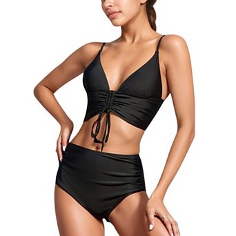 Women's Adjustable Drawstring Bikini Top with High Waist Bottoms Flattering Two-Piece Swim Set