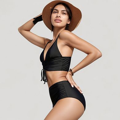 Women's Adjustable Drawstring Bikini Top with High Waist Bottoms Flattering Two-Piece Swim Set