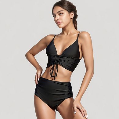 Women's Adjustable Drawstring Bikini Top with High Waist Bottoms Flattering Two-Piece Swim Set