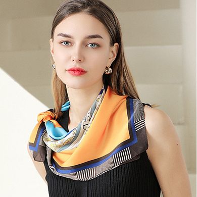 Women's Colorful Boho Patterned Satin Scarf with Abstract Print for Neck Hair or Handbag Accent