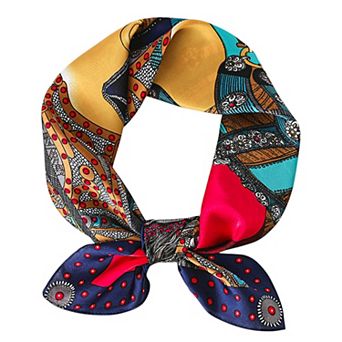 Women's Colorful Boho Patterned Satin Scarf with Abstract Print for Neck Hair or Handbag Accent