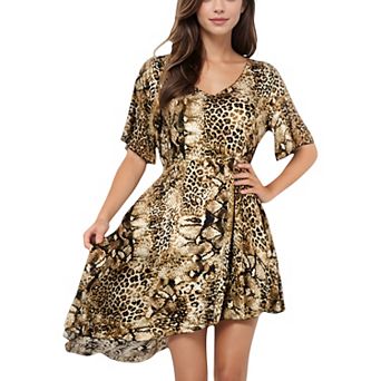 Women's Animal Print High-Low Dress with Short Sleeves and Flowy Silhouette