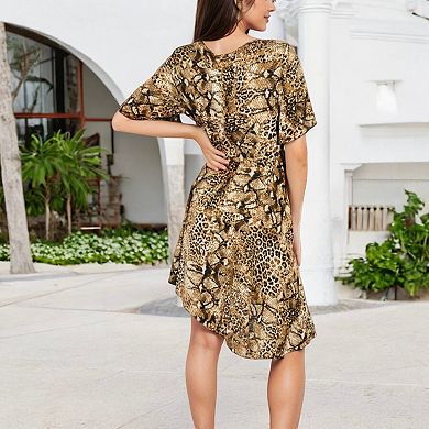 Women's Animal Print High-Low Dress with Short Sleeves and Flowy Silhouette