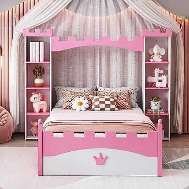 Merax Castle-Shaped Wooden Bed with Storage Shelf, Dreamy Twin Size Platform Bed for Kids Bedroom