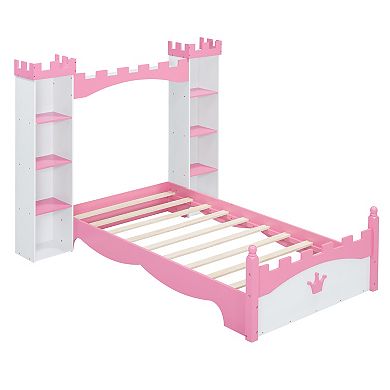 Merax Castle-Shaped Wooden Bed with Storage Shelf, Dreamy Twin Size Platform Bed for Kids Bedroom