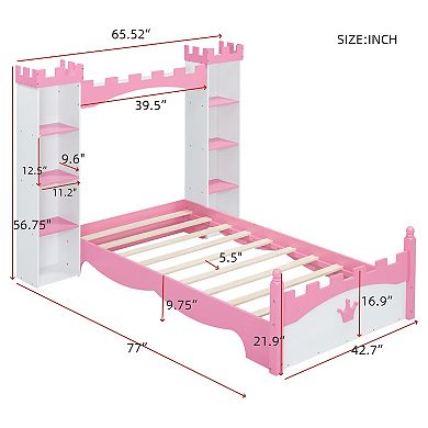 Merax Castle-Shaped Wooden Bed with Storage Shelf, Dreamy Twin Size Platform Bed for Kids Bedroom
