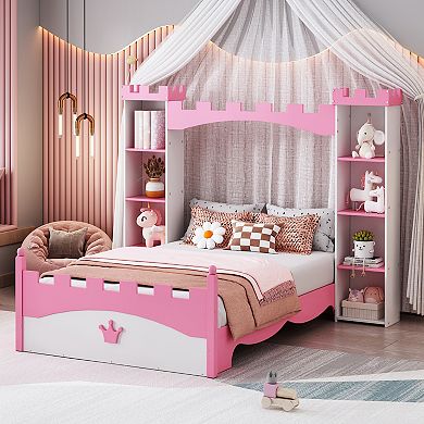 Merax Castle-Shaped Wooden Bed with Storage Shelf, Dreamy Twin Size Platform Bed for Kids Bedroom