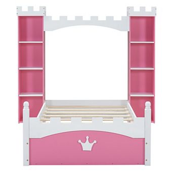 Merax Castle-Shaped Wooden Bed with Storage Shelf, Dreamy Twin Size Platform Bed for Kids Bedroom