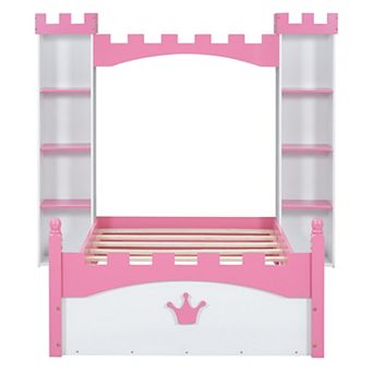Merax Castle-Shaped Wooden Bed with Storage Shelf, Dreamy Twin Size Platform Bed for Kids Bedroom