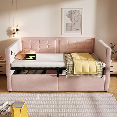 Merax Upholstered Twin Size Daybed, Hydraulic Storage Twin Bed Frame