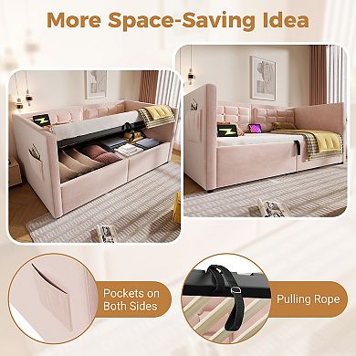 Merax Upholstered Twin Size Daybed, Hydraulic Storage Twin Bed Frame