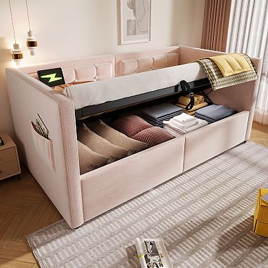 Merax Upholstered Twin Size Daybed, Hydraulic Storage Twin Bed Frame