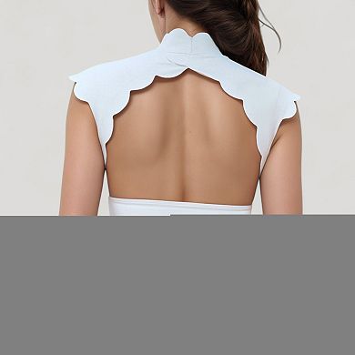 Women's Scallop Edge High Neck Cropped Top with Cap Sleeves and Open Back Detail