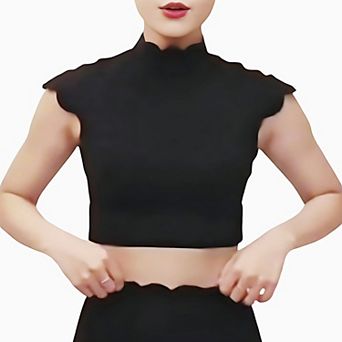 Women's Scallop Edge High Neck Cropped Top with Cap Sleeves and Open Back Detail