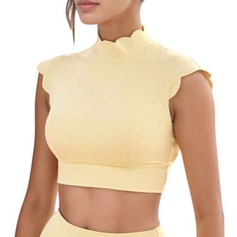 Women's Scallop Edge High Neck Cropped Top with Cap Sleeves and Open Back Detail
