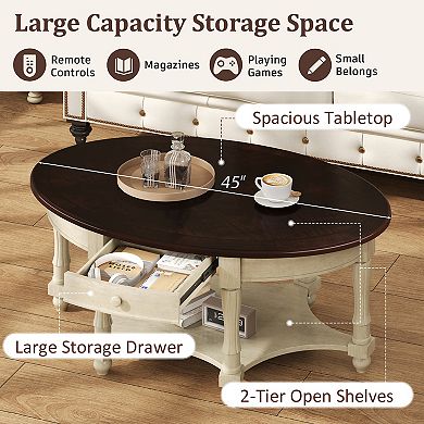 Vintage Oval Coffee Table with Drawer and Storage Shelf, Antique Cocktail Table in 45"