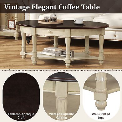 Vintage Oval Coffee Table with Drawer and Storage Shelf, Antique Cocktail Table in 45"