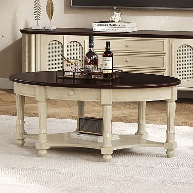 Vintage Oval Coffee Table with Drawer and Storage Shelf, Antique Cocktail Table in 45"