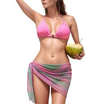 Women's Triangle Bikini Top with Jewel Center Ring and Mesh Tie Sarong Cover Up Set