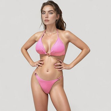 Women's Triangle Bikini Top with Jewel Center Ring and Mesh Tie Sarong Cover Up Set
