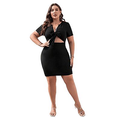 Plus Size Tie Front Short Sleeve Cutout Bodycon Mini Dress