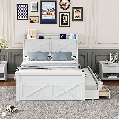 Merax Full Wooden Bed with Storage Headboard with Outlets, Extendable Bed with Twin Size Trundle
