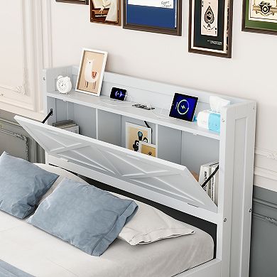 Merax Full Wooden Bed with Storage Headboard with Outlets, Extendable Bed with Twin Size Trundle