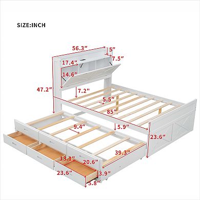 Merax Full Wooden Bed with Storage Headboard with Outlets, Extendable Bed with Twin Size Trundle