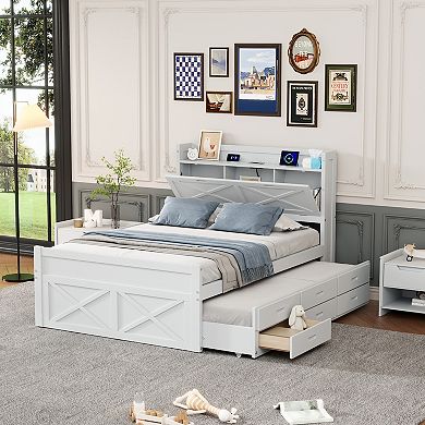 Merax Full Wooden Bed with Storage Headboard with Outlets, Extendable Bed with Twin Size Trundle